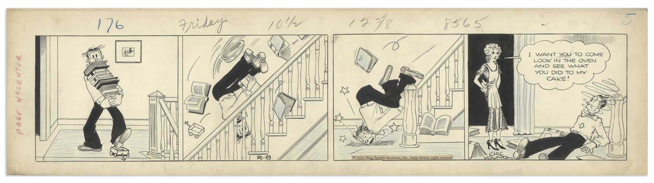 Chic Young Hand-Drawn ''Blondie'' Comic Strip From 1935 -- Showing Dagwood Take a Tumble Down the Stairs